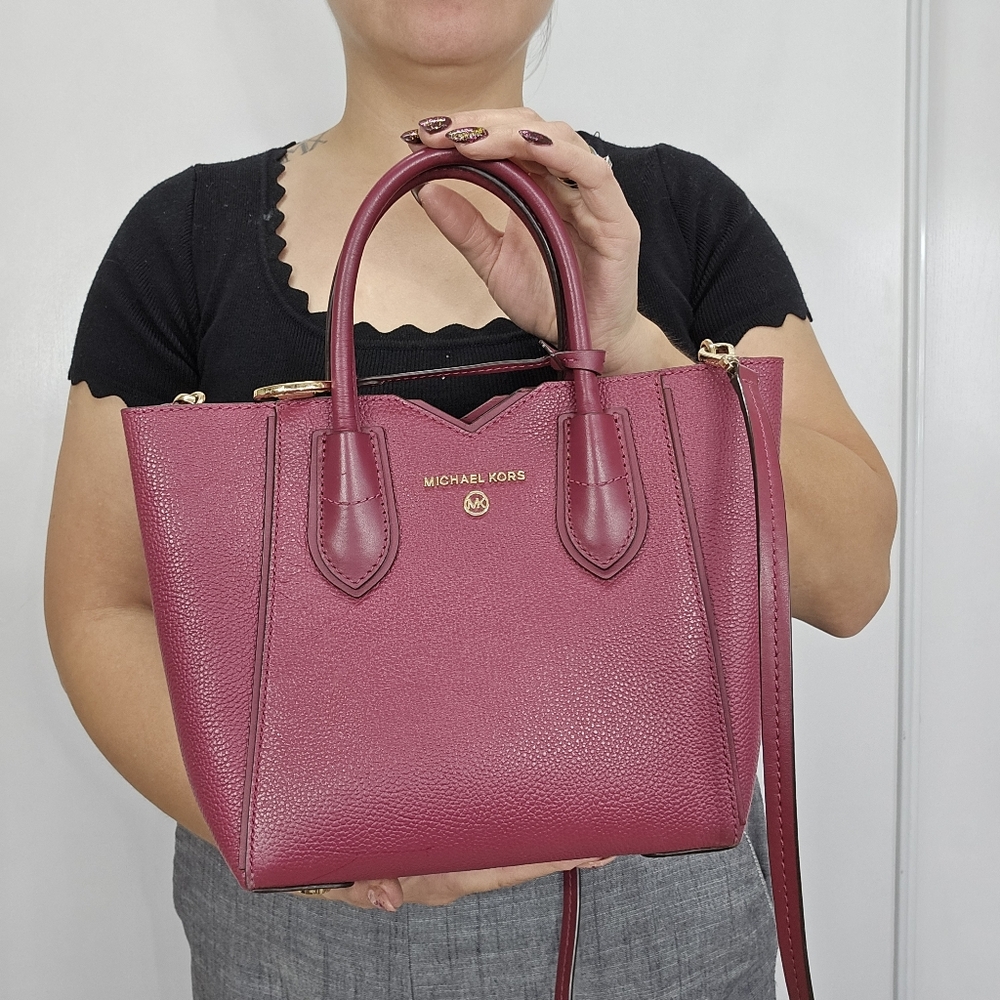Michael Kors Mae SM Messenger Tote Crossbody Bag In Cranberry Color Gold Hardwar - Picture 10 of 17